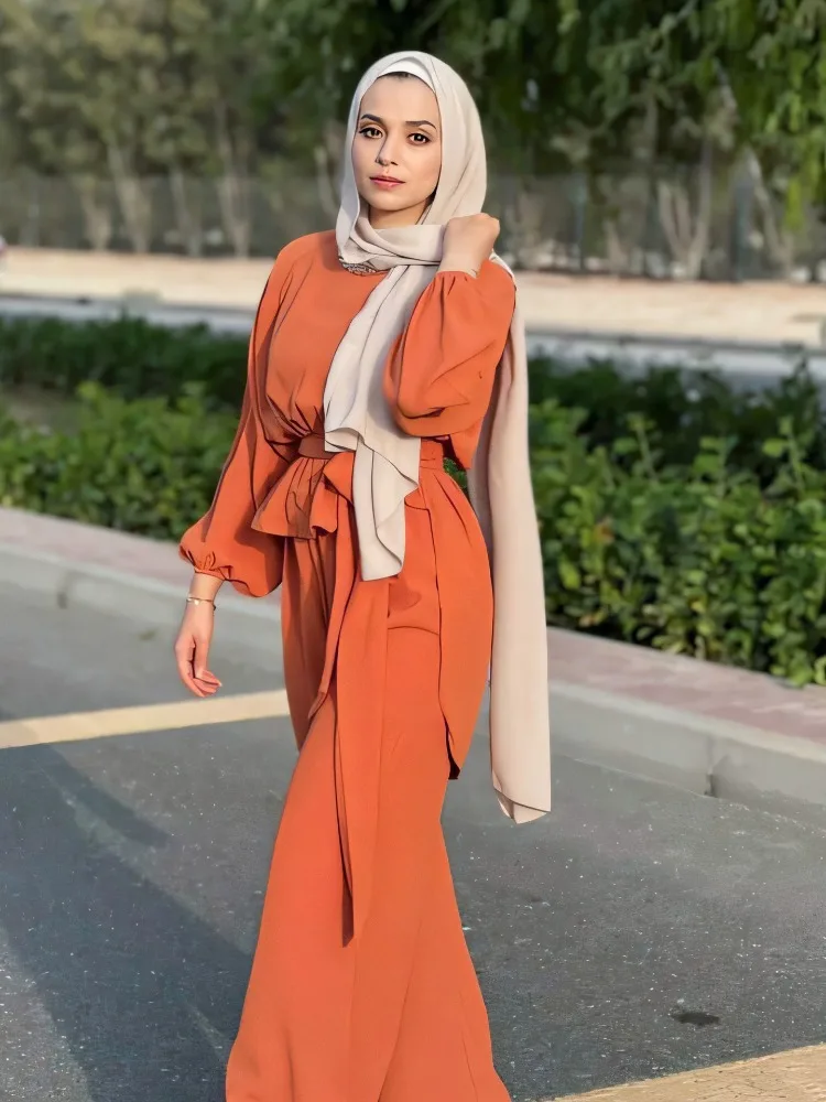 

Islam Ramadan Abaya Solid Ice Silk Muslim Sets Elegant Slim Fit Islamic Apparel Two Piece Set for Dubai Middle East Saudi Arabia