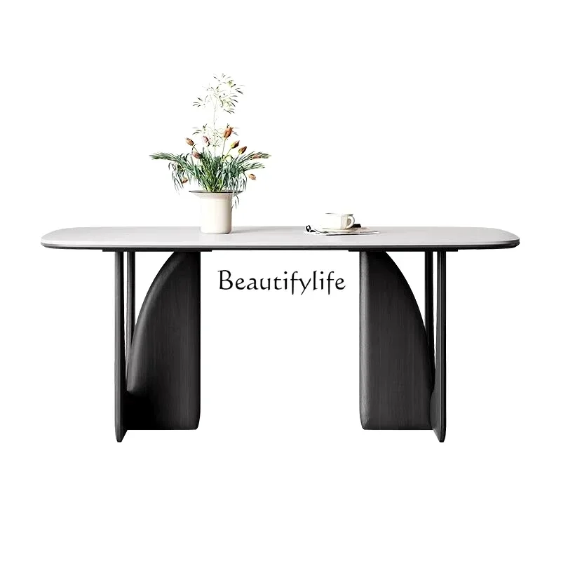 

D25Solid Wood Rectangular Home Modern Minimalist Black Solid Wood Stone Plate Dining Table