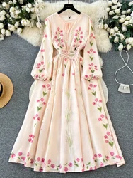 Women Vintage Party Dress Spring Autumn Long Sleeved Printed Floral Dresses Ladies Retro French Elegant Long Robe Vestidos