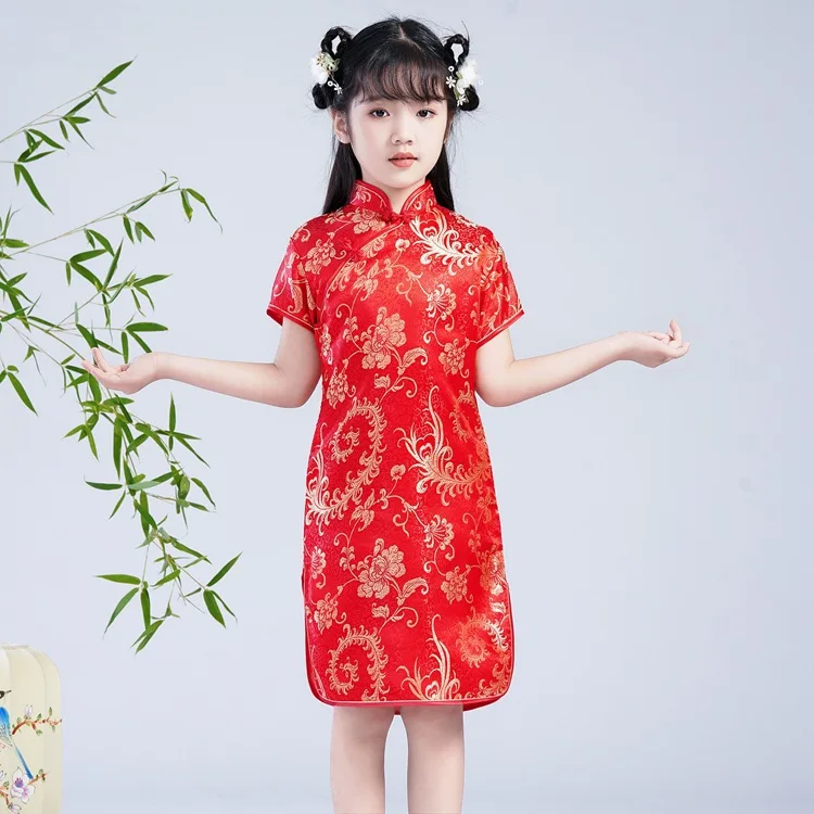 Chinese Style Brocade Cheongsam Dress for Girls Summer Retro Button Stand Collar Stage Performance