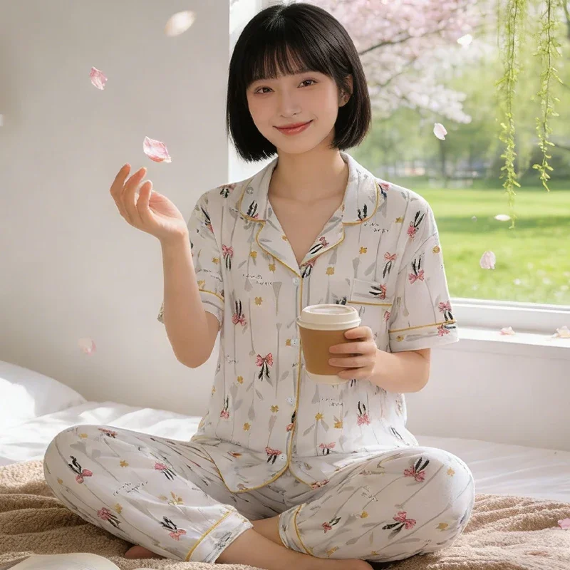 Autumn Ladies Sleepwear Homewear Small Fresh Bow Flower Wrinkled Cloth Short Sleeved Pants Women's Home Clothes Pajama Set