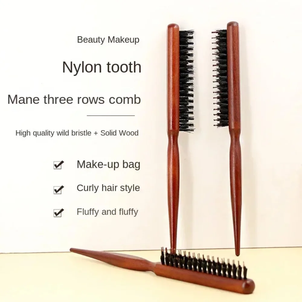 Wooden Handle Hair Comb Hair Fluffy Three Rows Boar Bristle Combs New Hairdressing Back Teasing Brush Salon Supply Styling Tool