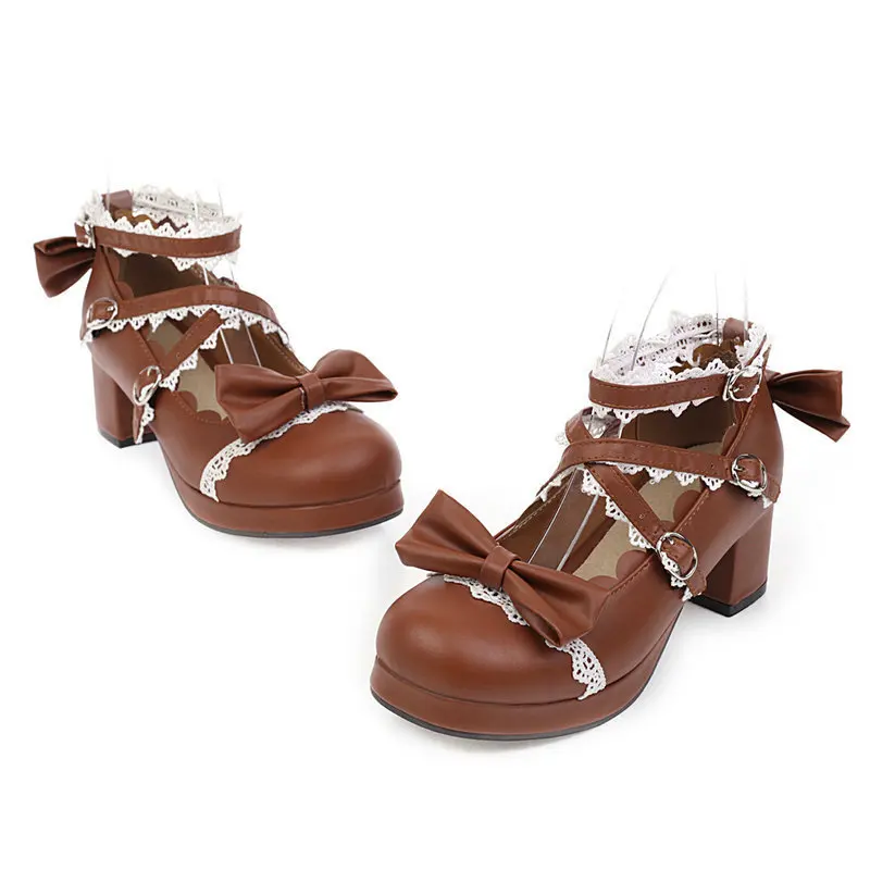 Girls Sweet Lolita Ruffles Bowknot Lace Bridal Wedding Shoes Women High Heel Bordered Princess Dress Men Pink Plus Size 34-48