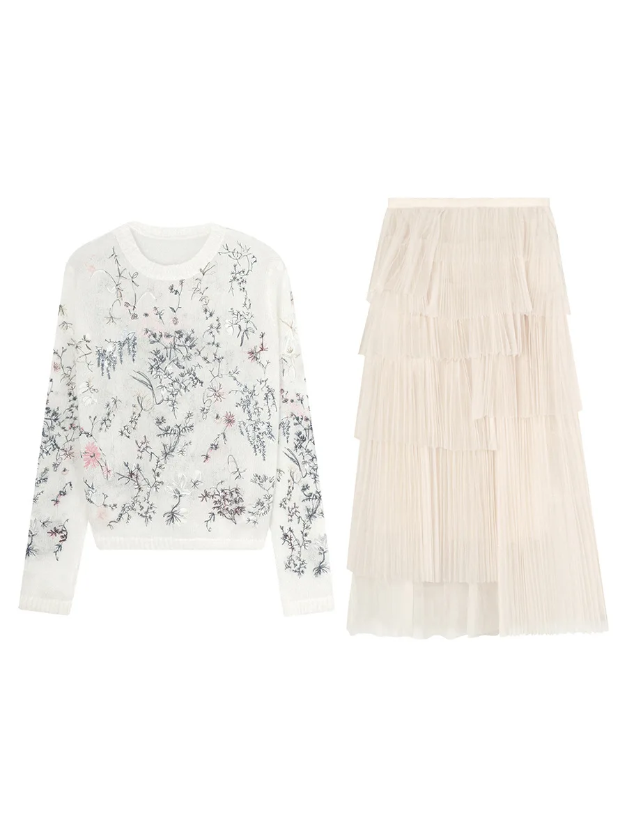 

Ballet in Mirror Embroidered Sweater Set High-Defn Fibone Soft Light Skirt Floral Heavy Work Faion Women's Ensemble