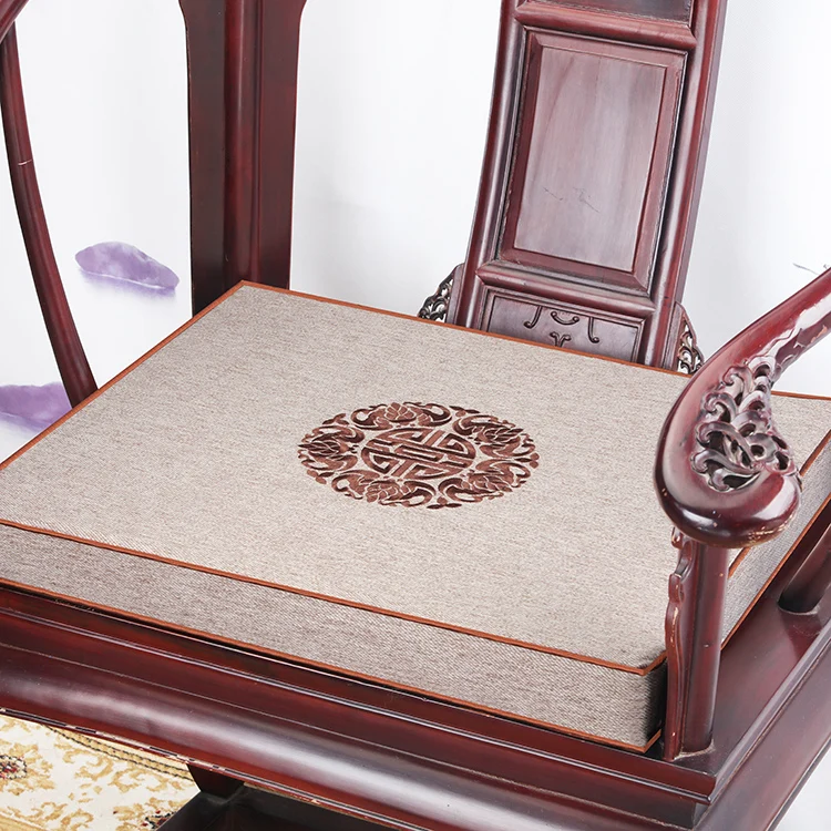 Custom Thick Chinese Chair Seat Cushions with Ties Fine Embroidery Lucky Cotton Linen Chair Pads Sofas Armchair Non-Slip Zipper