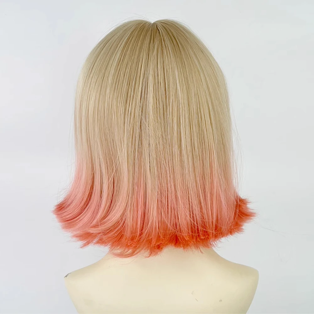 Ombre blond różowy Gradient krótkie proste peruki z grzywką syntetyczne Lolita Cosplay naturalne włosy peruka na codzienną imprezę