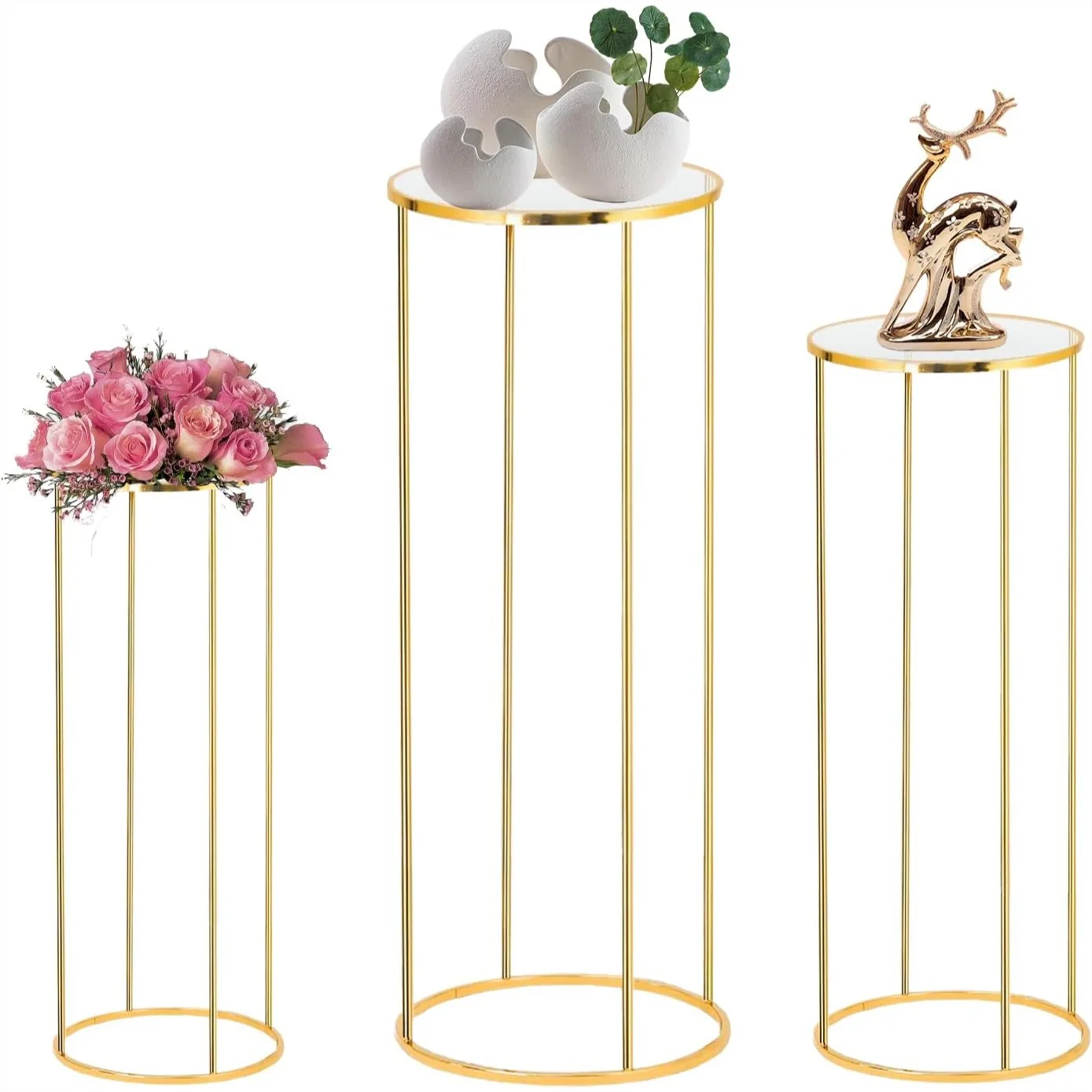 

3PCS Cylinder Pedestal Stands for Parties, Gold Metal Plant Round Stands for Flowers, Display Columns for Wedding Birthday