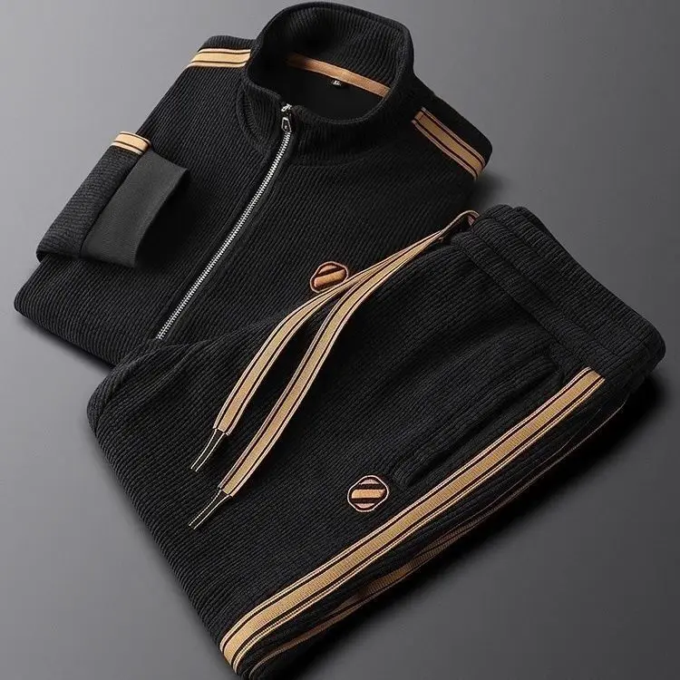 

Light luxury spring and autumn solid color casual sports suit slim fit trendy jacket men's straight striped two-piece set
