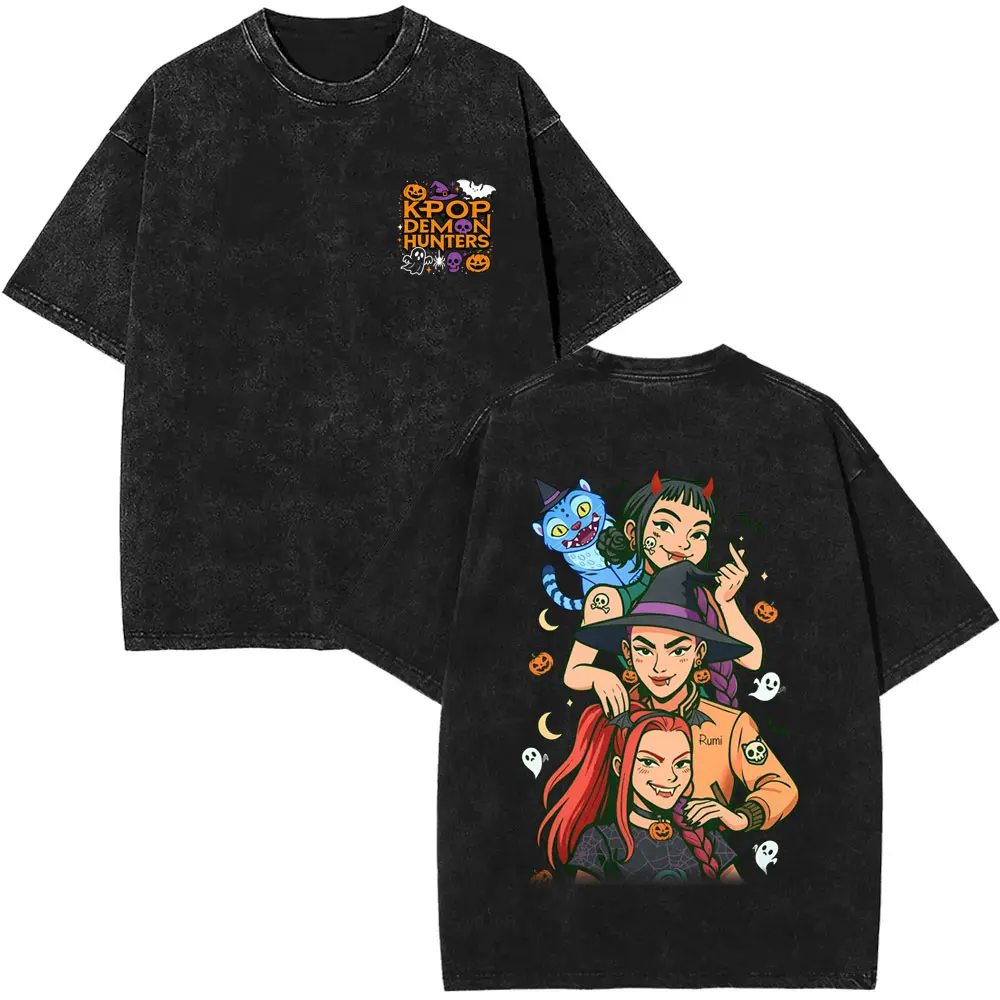 

Washed Vintage Kpop Demon Hunters Rumi Mira Zoey Derpy Tiger Print T-shirt Male Christmas Halloween Style Tshirt Men Cotton Tees