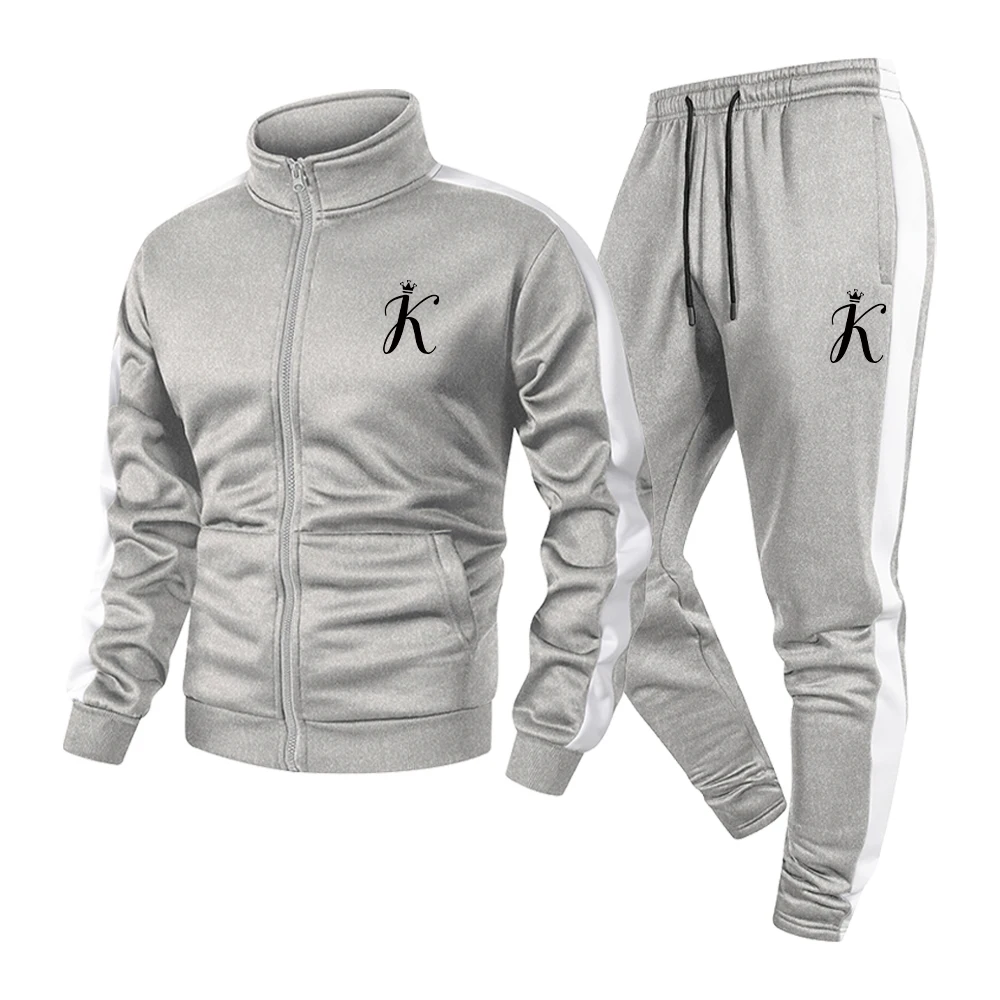 Men's Stylish 2 Piece Athletic Set Stand Collar Zip Up Jacket Drawstring Pants With K Letter Print For Daliy Running And Commute
