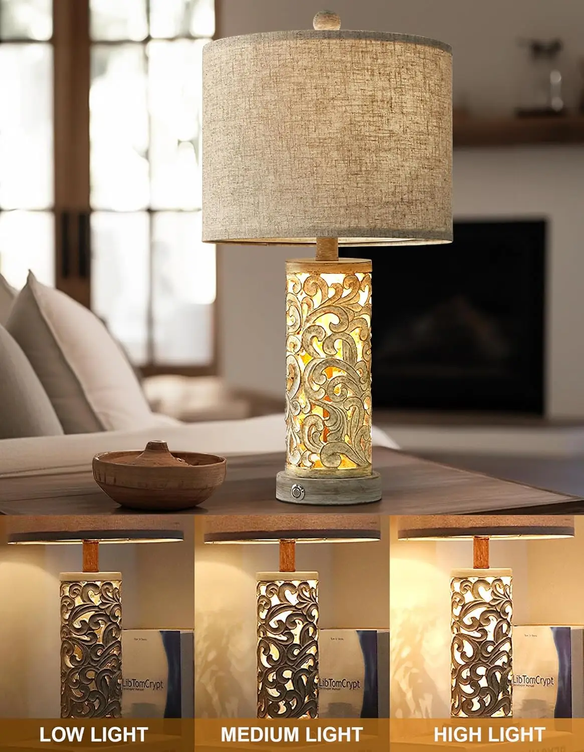 Confezione da 2 lampade touch dimmerabili con porte USB e luce notturna, stile fattoria per soggiorno camera da letto