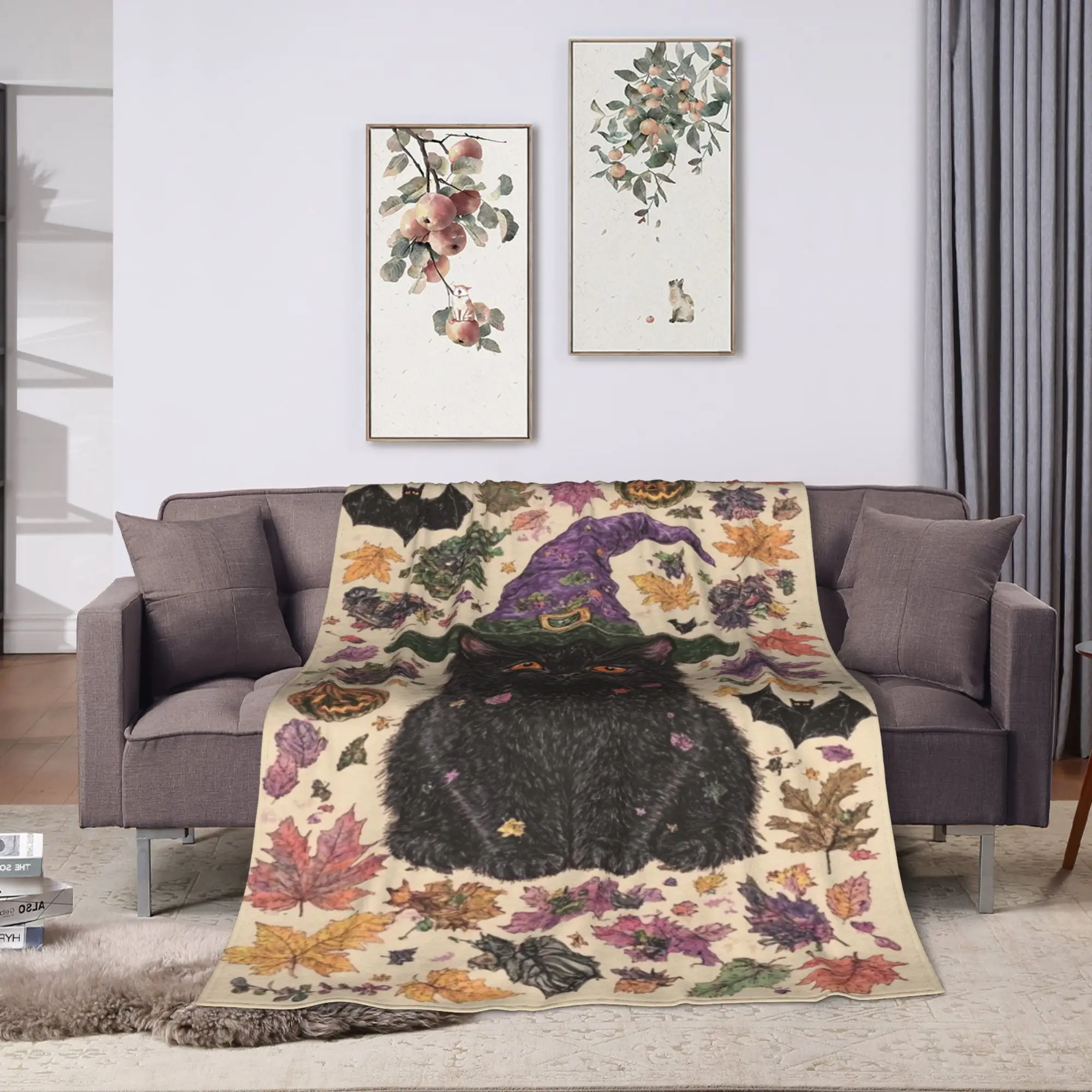 Super Soft BlanketChildren Camping Witchy Black Cats Halloween Throw Blanket Pet Lover Flannel Print Sofa Bed Cover