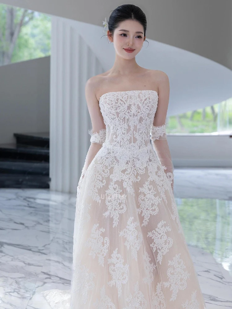 Vintage branco renda a linha vestido de casamento feminino sem alças rendas com luva vestidos de noiva simples coreia vestidos de sessão de fotos de casamento