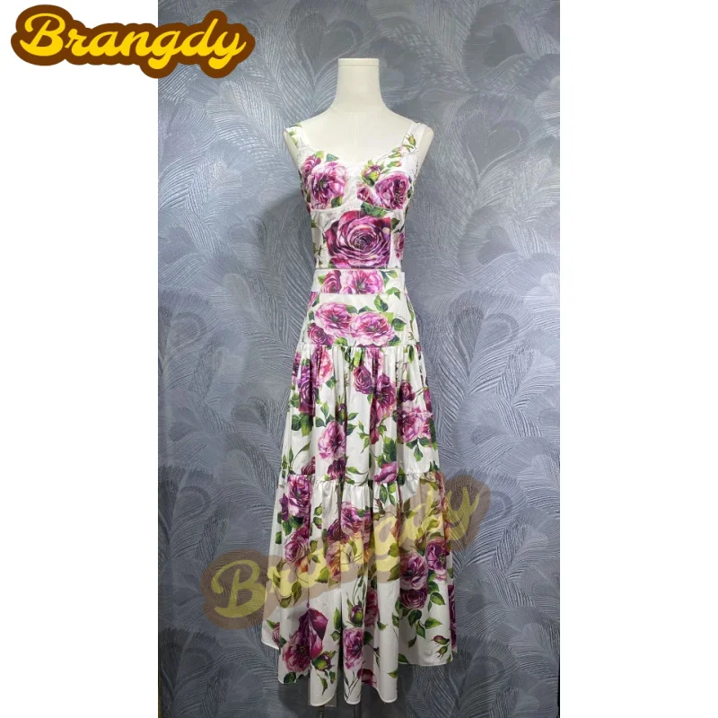 

Brangdy Luxury 2025 Spring New Suspenders Cotton Printed Top with Mid-Length Dress Set