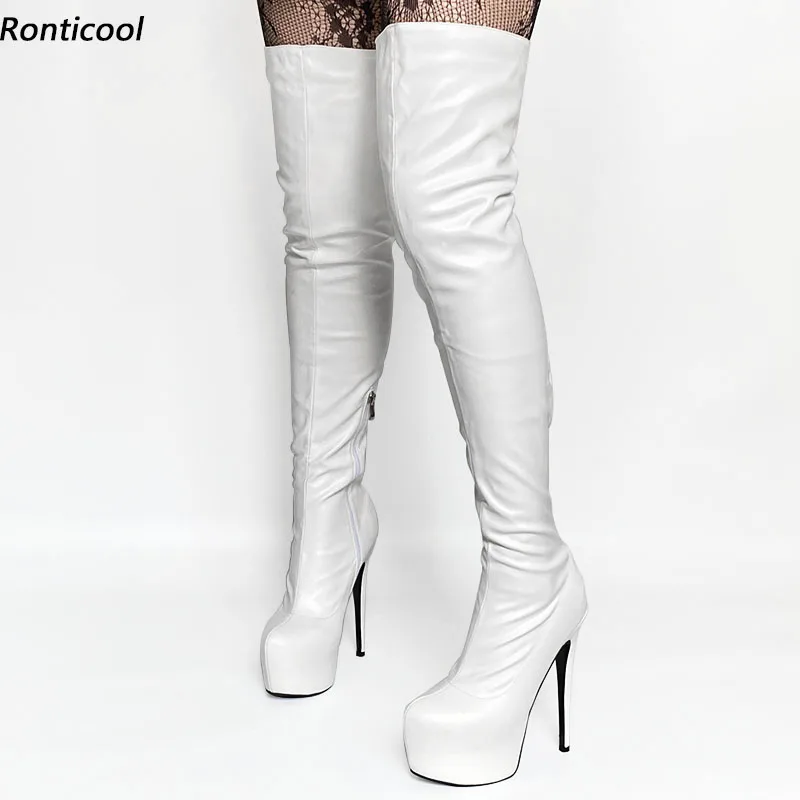 

Ronticool New Arrival Women Winter Platform Thigh Boots Side Zipper Stiletto Heeled Round Toe White Party Shoes Us Size 5-20