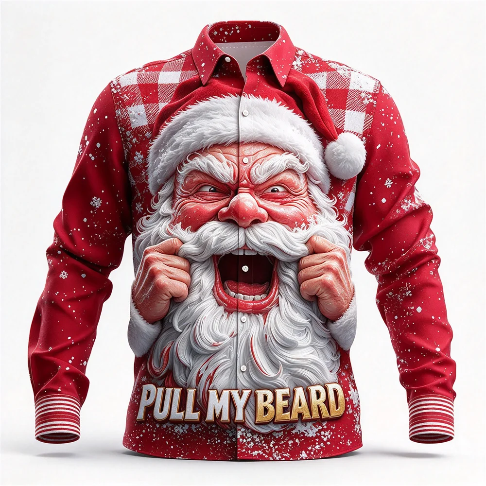 Men Ugly Shirts Christmas Long Sleeve Button Up Shirt 3D Stereo Santa Claus Plaid Tops Print Christmas Party Outfit Holiday Gift