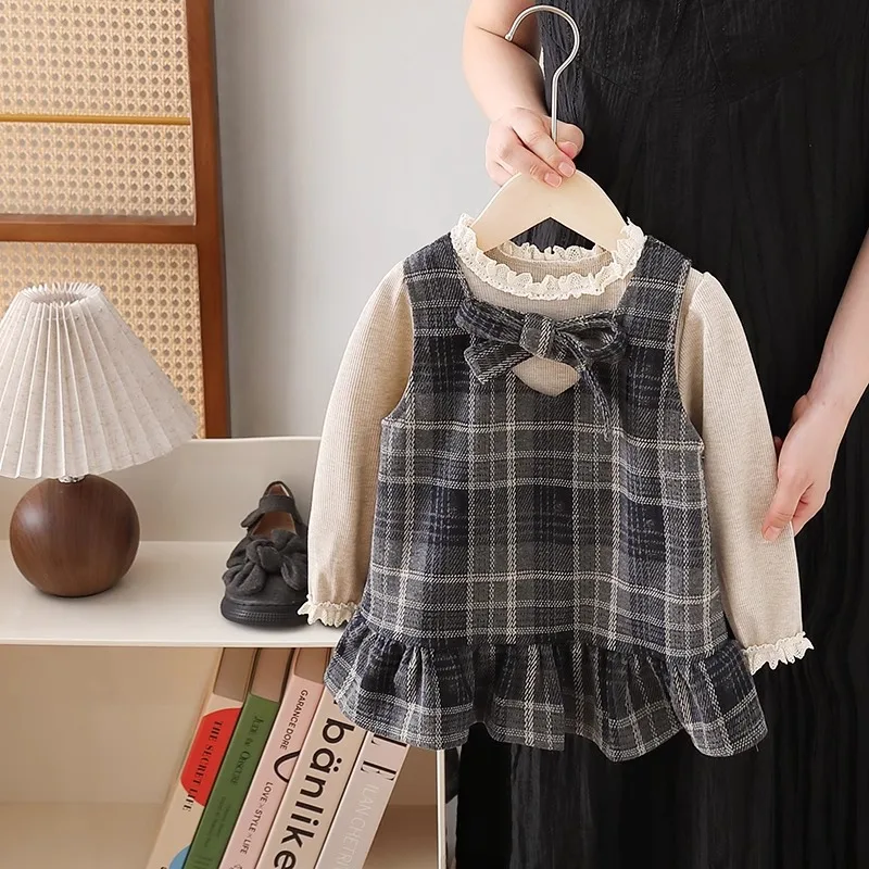 Girls Sweet Bow Two-Piece Set Spring Autumn Baby Plaid Dress Lace Long-Sleeved Base Layer Stylish Children's Outfit