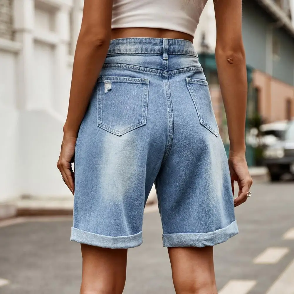 Distressed Denim Shorts Stijlvolle denim shorts met middelhoge taille voor dames Knielange Distressed Jeans met zakken Comfortabel