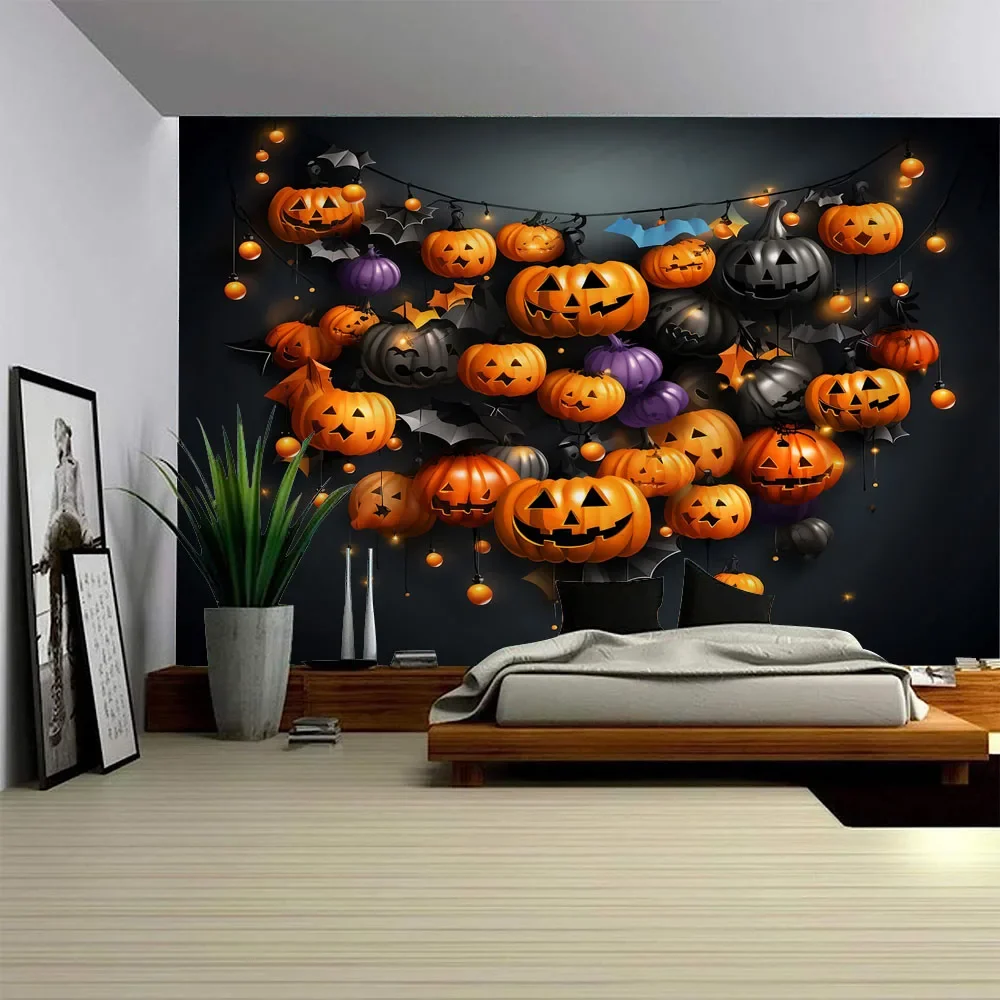 Halloween Skull Pumpkin Lantern Tapestry Magic Theme Party Escape Room Background Wall Hanging for Home Living Room Decoration