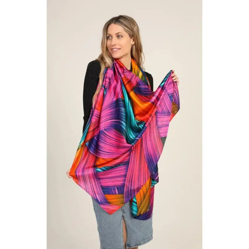 Luxury Silk Satin Large Scarf In Multicoloured Print Pink, Orange, Blue Vinatge Women Windproof Outdoor Head Wrap 180*90cm