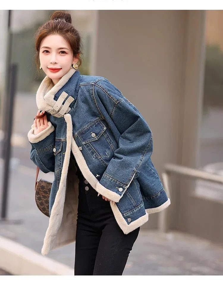 Denim Coats Long Fur Plush Womens Autumn Regular Fit Modern Business Casual City Commuting Anti-Wrinkle Stretchy Comfortable Y2K