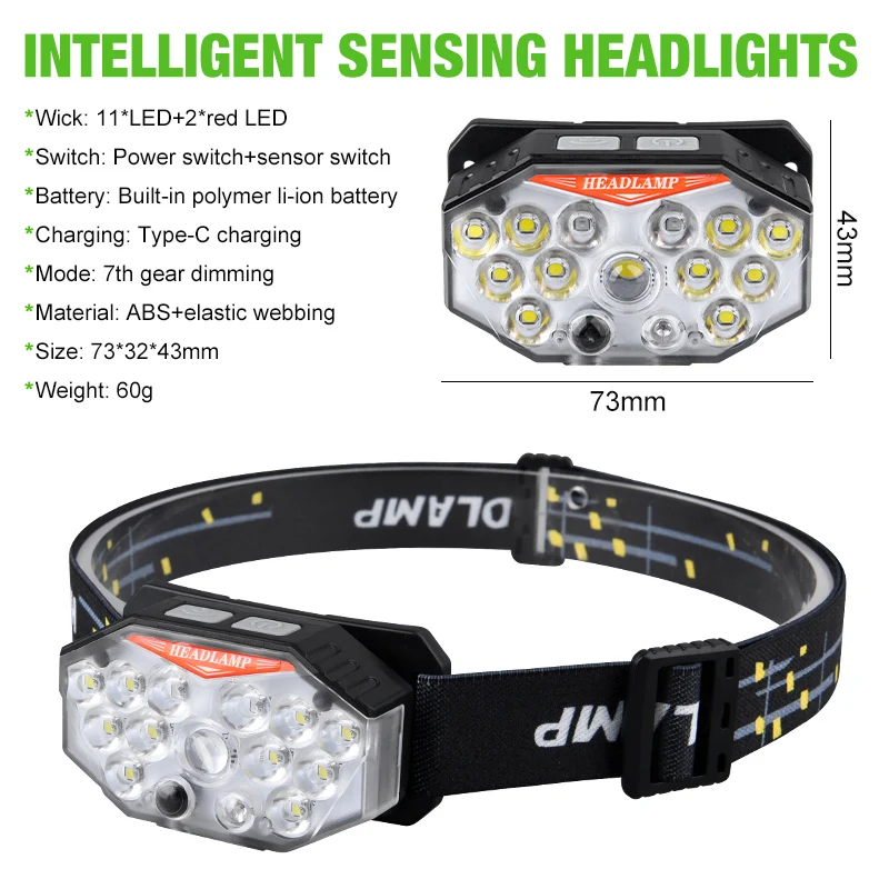 Rechargeable Headlamp Wave Sensing LED Lamp Type-C Charger Flashlight Camping Fishing Search Light Built-in Battery Head Torch