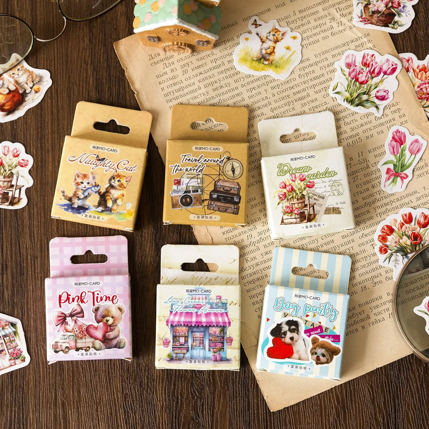 45/46Pcs Cute Cat Dog Boxed Stickers decorativo Scrapbooking Vintage Flowers Label Diy Diary Album Phone Journal Planner