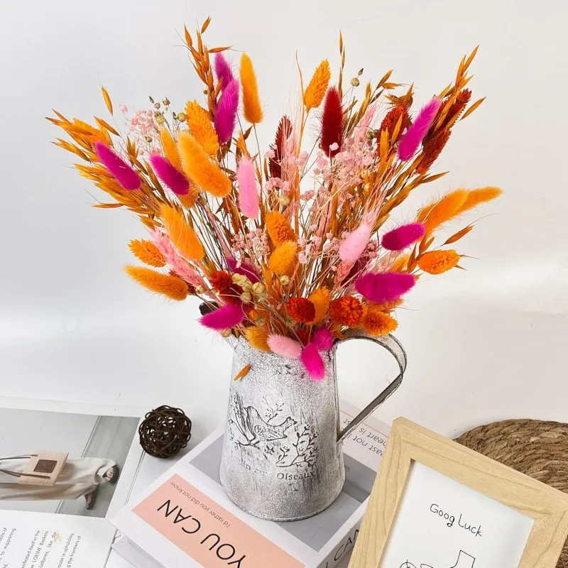 

Orange Natural Dried Flower Bouquet 17” Vibrant with Bunny Tails Baby’s Breath and Oat Grass Home Diy Office Farmhouse Decor