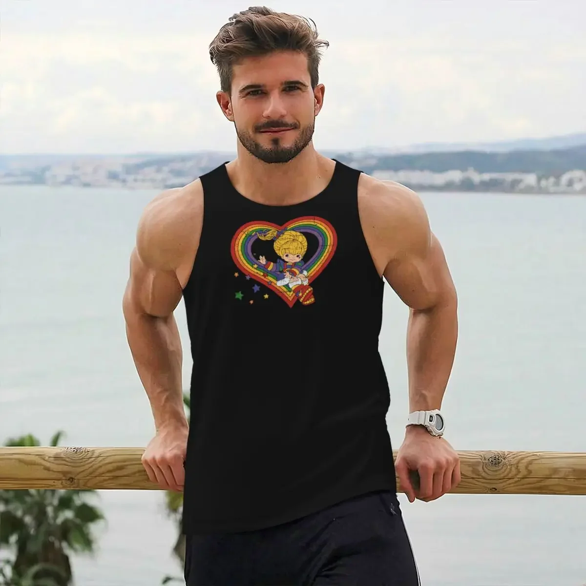 Rainbow Brite With Rainbow Heart Gym Tank Bodybuilding Vest Fitness Sleeveless Tops Quick Dry Men Workout Sports Clothing