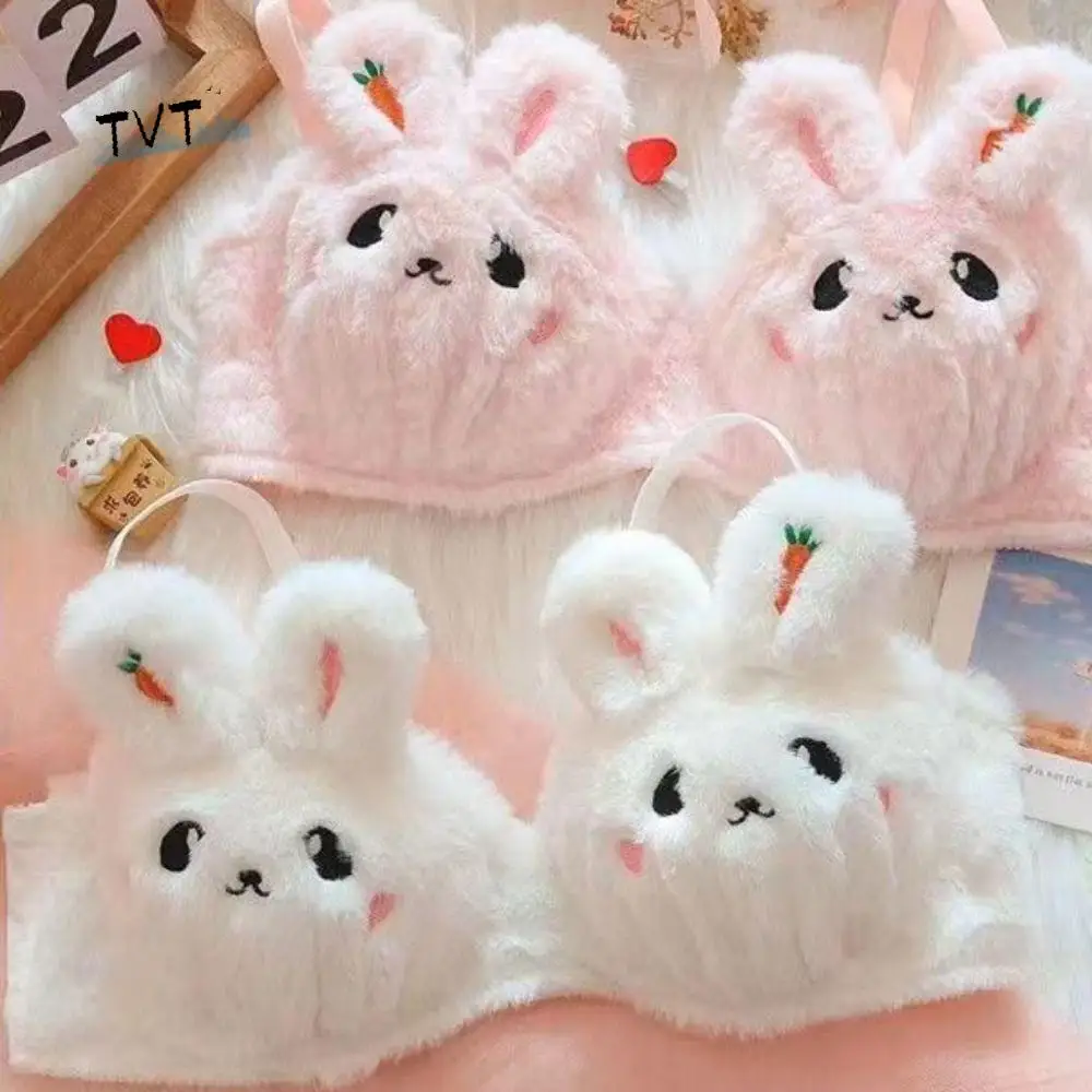 

Comfortable Rabbit Ears Plush Rabbit Bra Wireless Low Waist Bra Panties Suit Push Up Ruffle Sweet Lingerie Set Fall/Winter