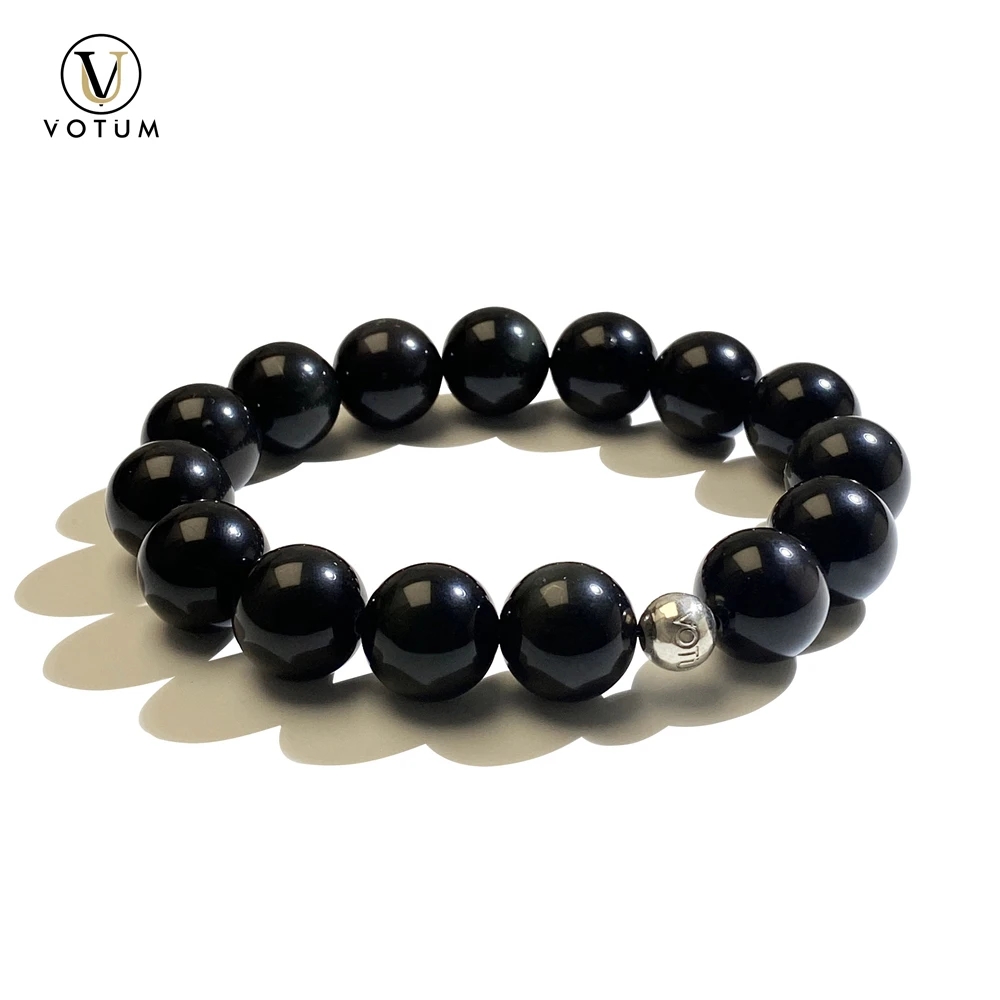 

Votum 14mm Natural Rainbow Obsidian Bracelet for Man Women Black Stone Beads Bracelets with Silver for Protection Jewelry Gift
