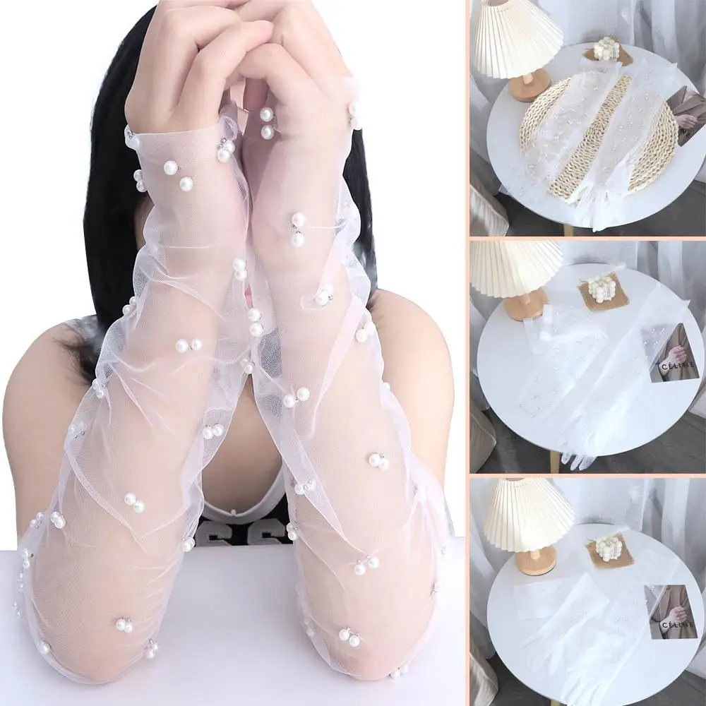 

Temperament Elegant Chiffon Marriage Party Pearl Wedding Accessories Full Finger Gloves Fingerless Gloves Bridal Gloves