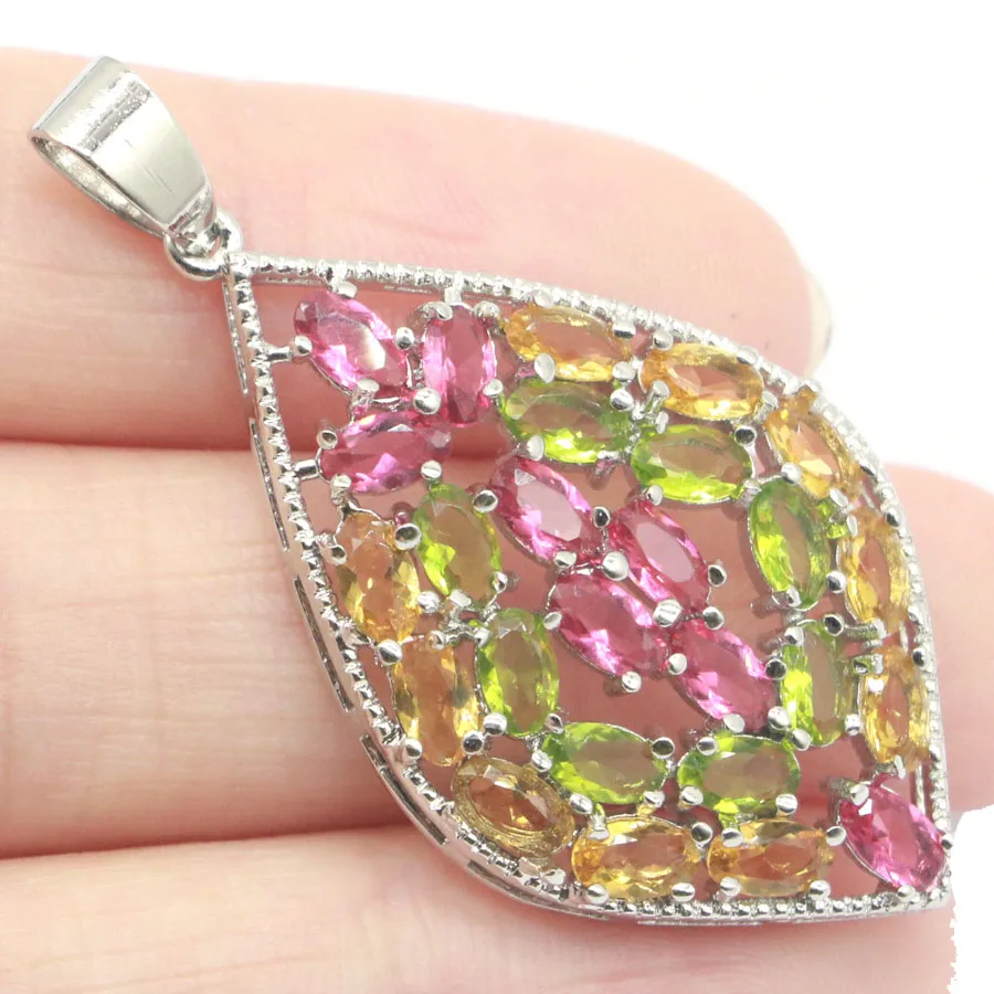 

47x23mm Multi Color Rich Blue Aquamarine Pink Raspberry Rhodolite Garnet Green Peridot Golden Citrine Daily Wear Silver Pendant