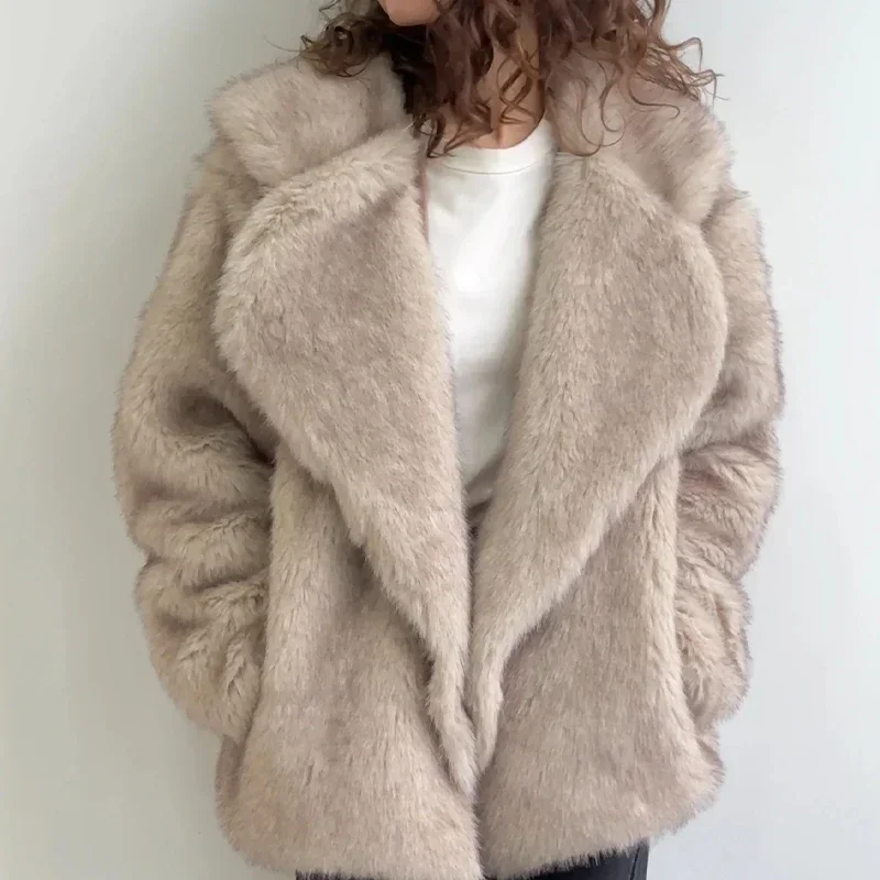 Fashion Oversized Lapel Fluffy Fur Women\'s Coat Winter Warm Faux Fur Jacket Long Sleeves Luxury Brand Party Outwear Clothes