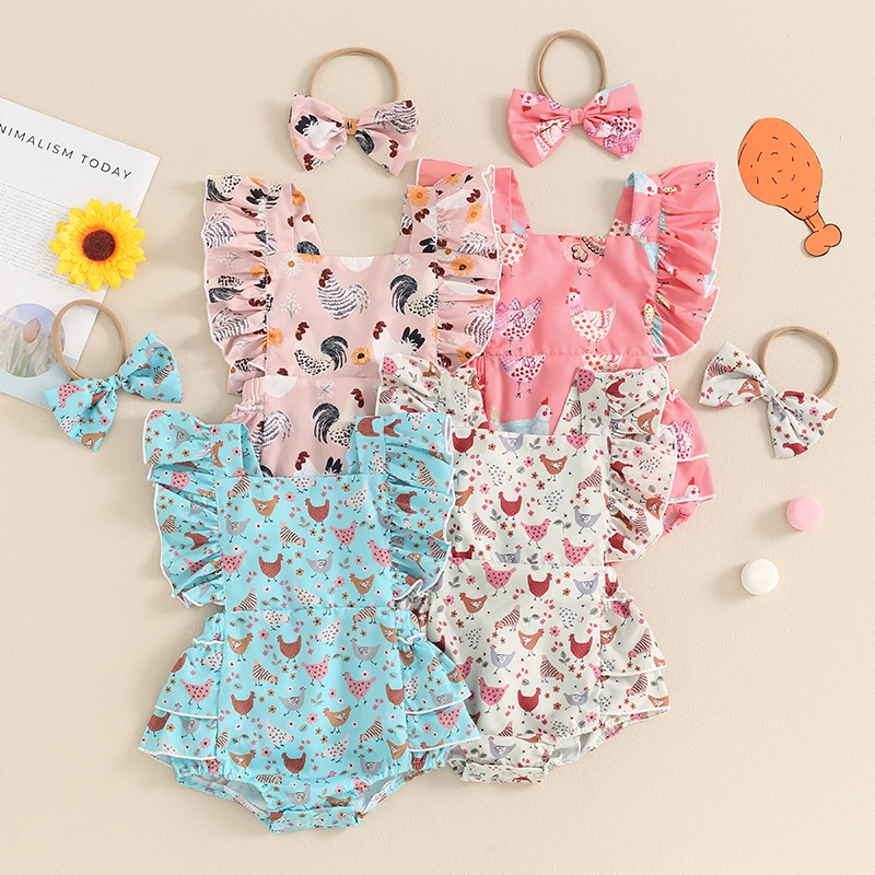 

Infant Baby Girls Summer Jumpsuit Farm Chicken Print Ruffle Romper and Headband Set Toddler Cute Fashion Clothes Outfits