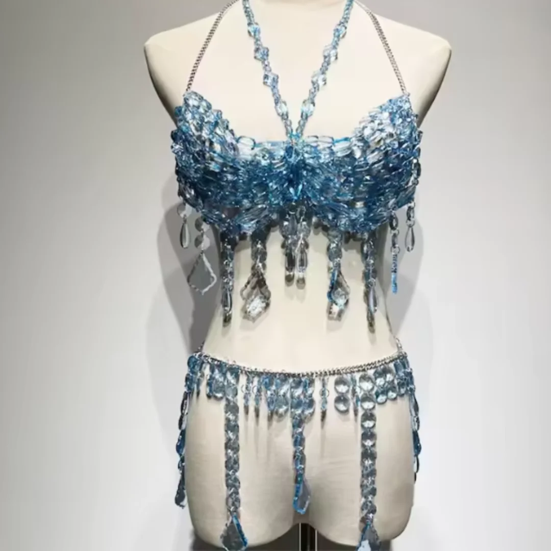 

Blue Beaded Bikini Rave Body Party Bridal Wedding Accessories Fringe Chain Mermaid Bra Top Beachwear Lingerie Harness Bralette