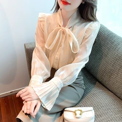 Floral Embroidery Bow-Neck Shiny Chiffon Shirts Women Flare-Sleeve Organza Blouses Spring Autumn French Fashion Beige Ruffle Top