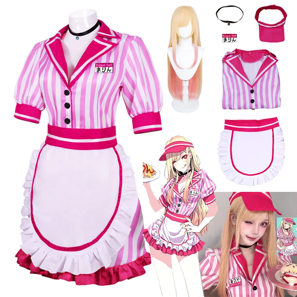 

Marin Kitagawa Cosplay Costume Wig Pink Waitress Sweet Maid Dress Anime My Dress-Up Darling Halloween Party for Women Girls