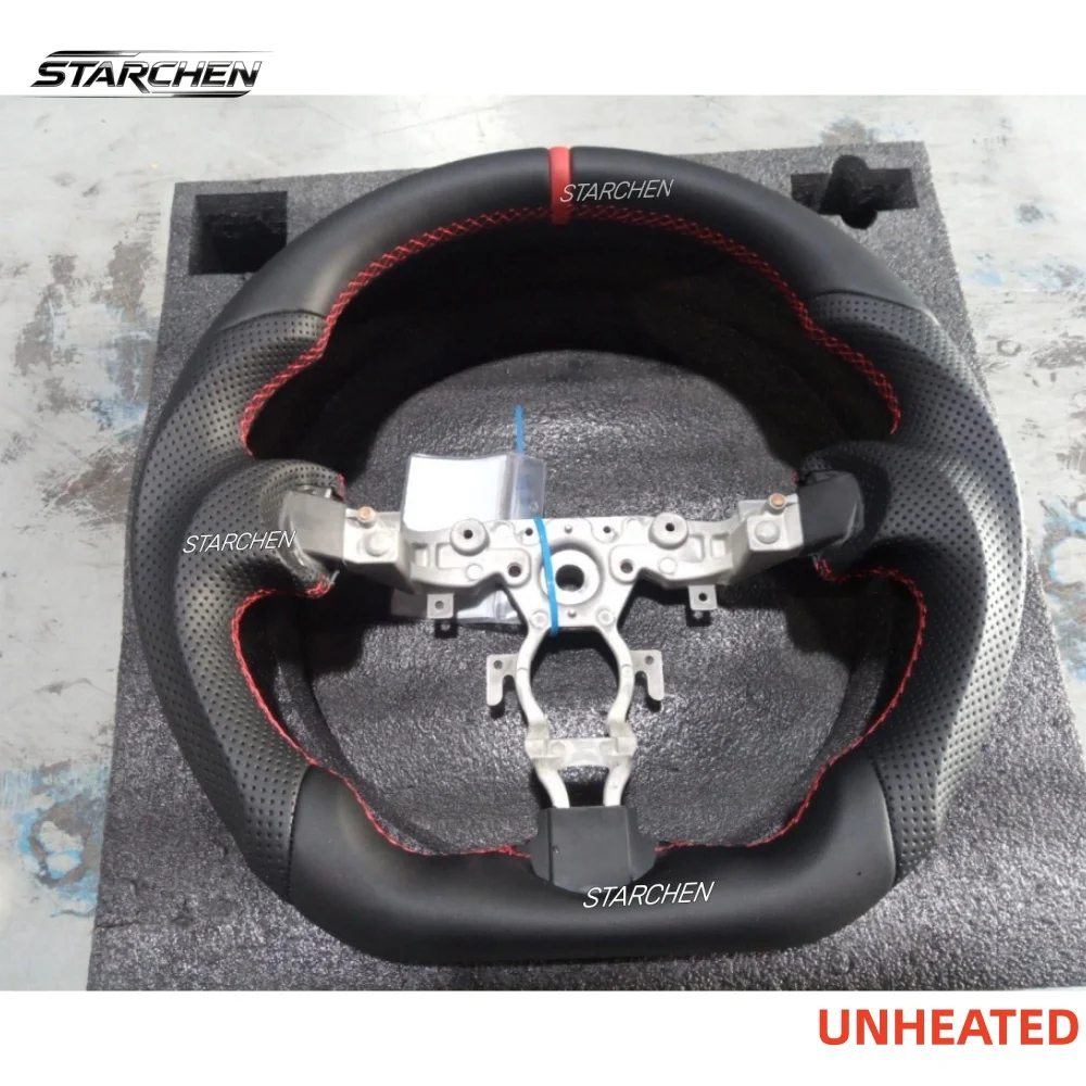 Genuine Leather Hand-Stitched Steering Wheel for Nissan 370Z Z34 2008-2021, Maxima 2009-2014, Juke 2010-2018, Sentra 2013-2019- Perforated with Red Top Stripe (Non-Heated)