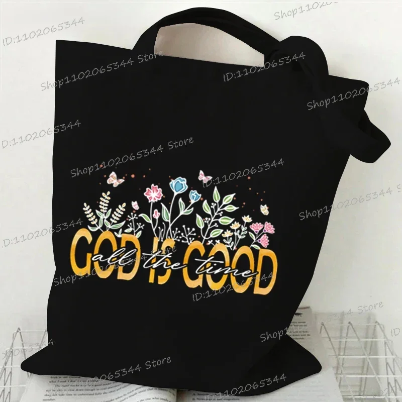 "God Is Good"print Women Canvas Tote Bag Christianity Religious Belief Fashion Shopping Bag Vintage Floral Shoulder Handbags