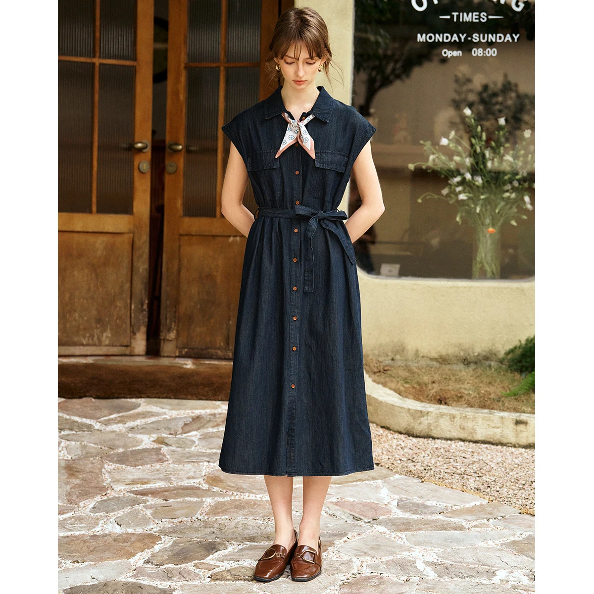 OLrain Sommer-Jeanshemd-Kleider 2025, Frau 2025, Baumwollmischung, Denim, kurze Ärmel, Gürtel, Midi-Kleider, Damenbekleidung, O57XL93539