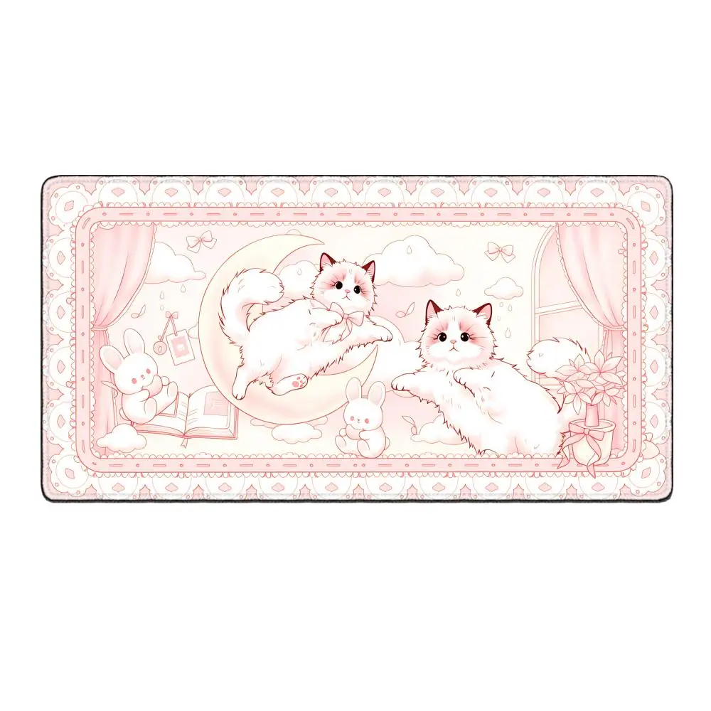 HYBXAXC Puff Ragdoll Cat Extended Desk Mat, Waterproof Pink Mouse Pad, Cute Kawaii Desktop Decor & Sweet Gift for Girls