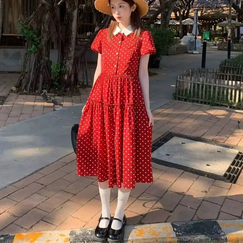 Gepunktetes Sommerkleid in Rot für Damen, Vintage Hepburn-Stil, Amerikanische Mode, Elegante Kleider, Retro Kurzarm-Vestidos, Partykleid