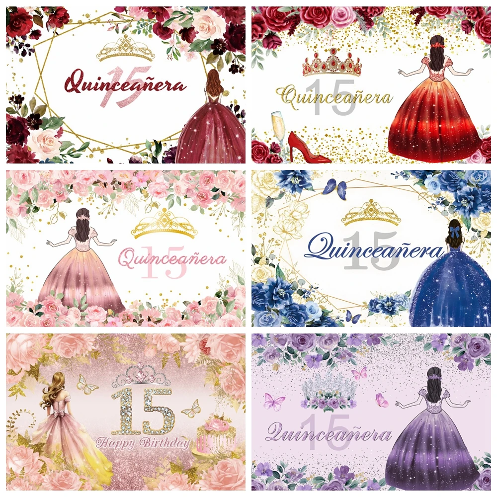 Quinceanera Sweet 15 16th Birthday Party Photography Backdrop Princess Girl Flowers Dress Glitter Crown Photo Background Decor