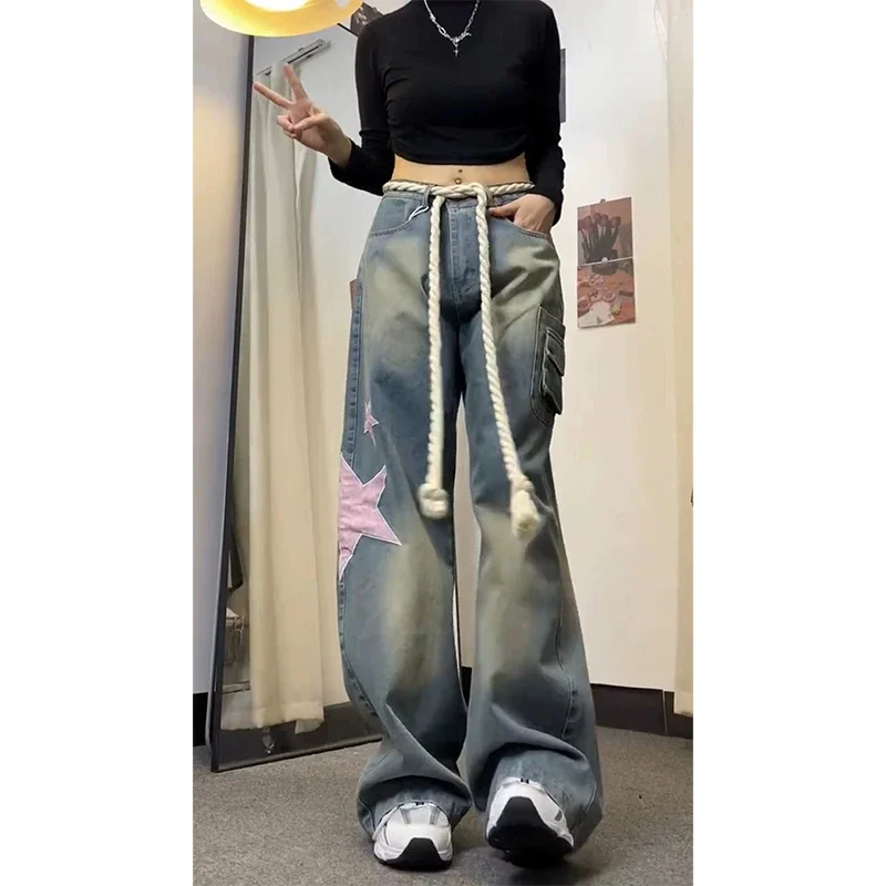 Women Baggy Star Jeans Vintage Harajuku Oversize High Waist Denim Trouser Emo 2000s Y2k 90s Aesthetic Wide Pants Trashy Clothes