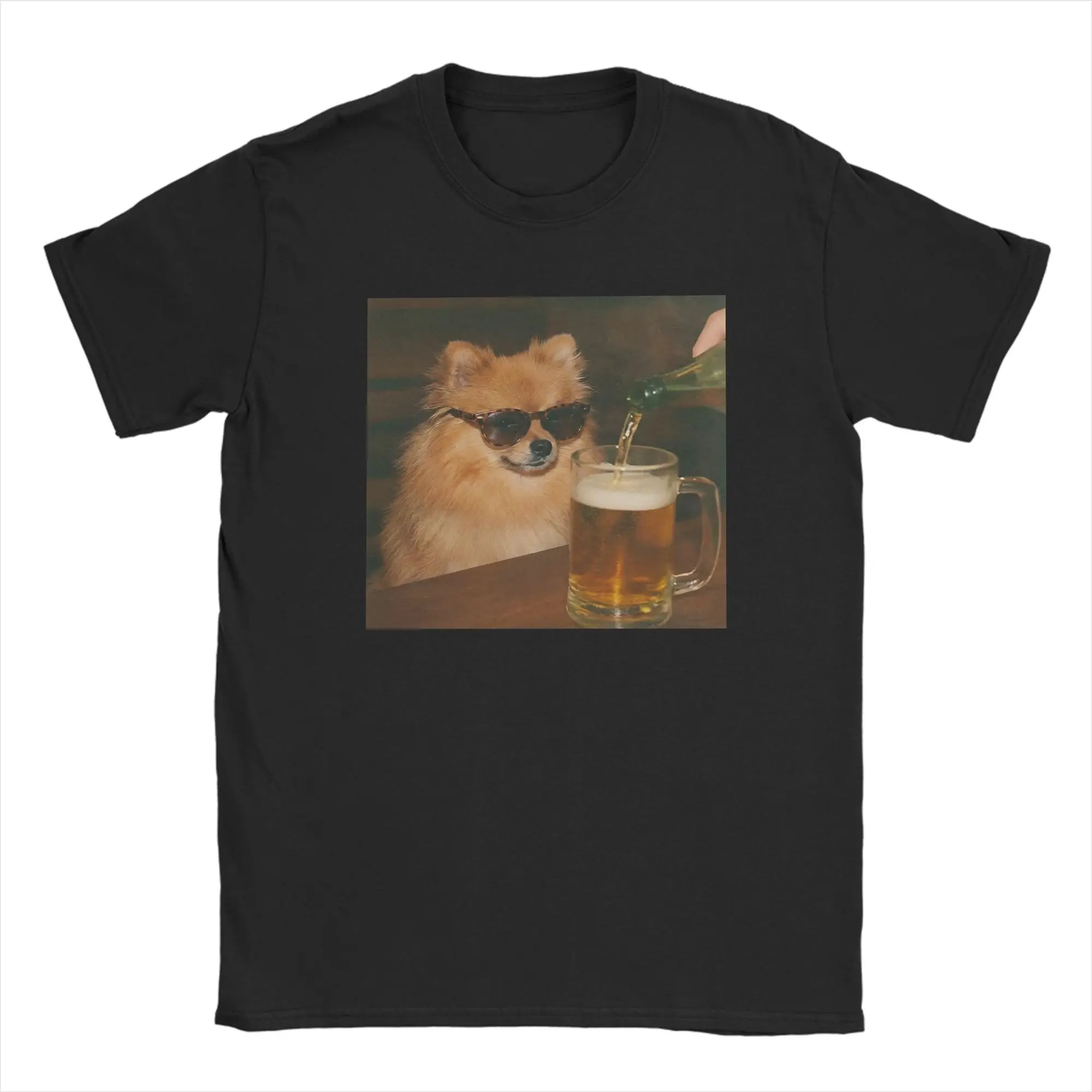 Men Women T-Shirts Pomeranian Drinking Beer Sunglasses Funny Pure Cotton Tees Short Sleeve  T Shirts Crewneck Tops Printing