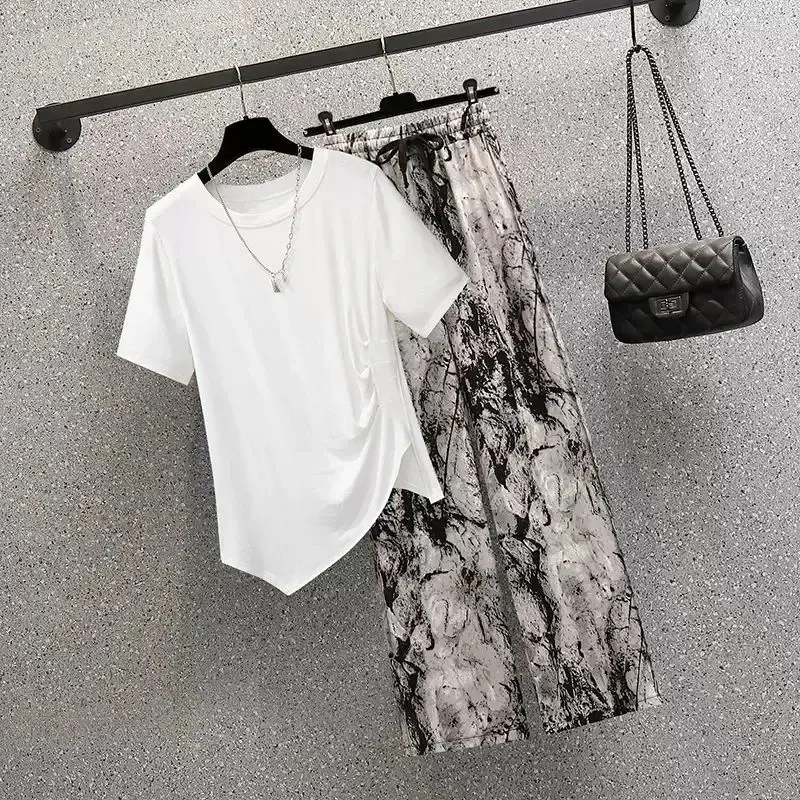 Mode Sport Set Dames Zomer Veelzijdige Split Korte Mouw T-Shirt + Tie Geverfd Inkt Schilderij Wijde Pijpen Casual Broek Set Van Twee