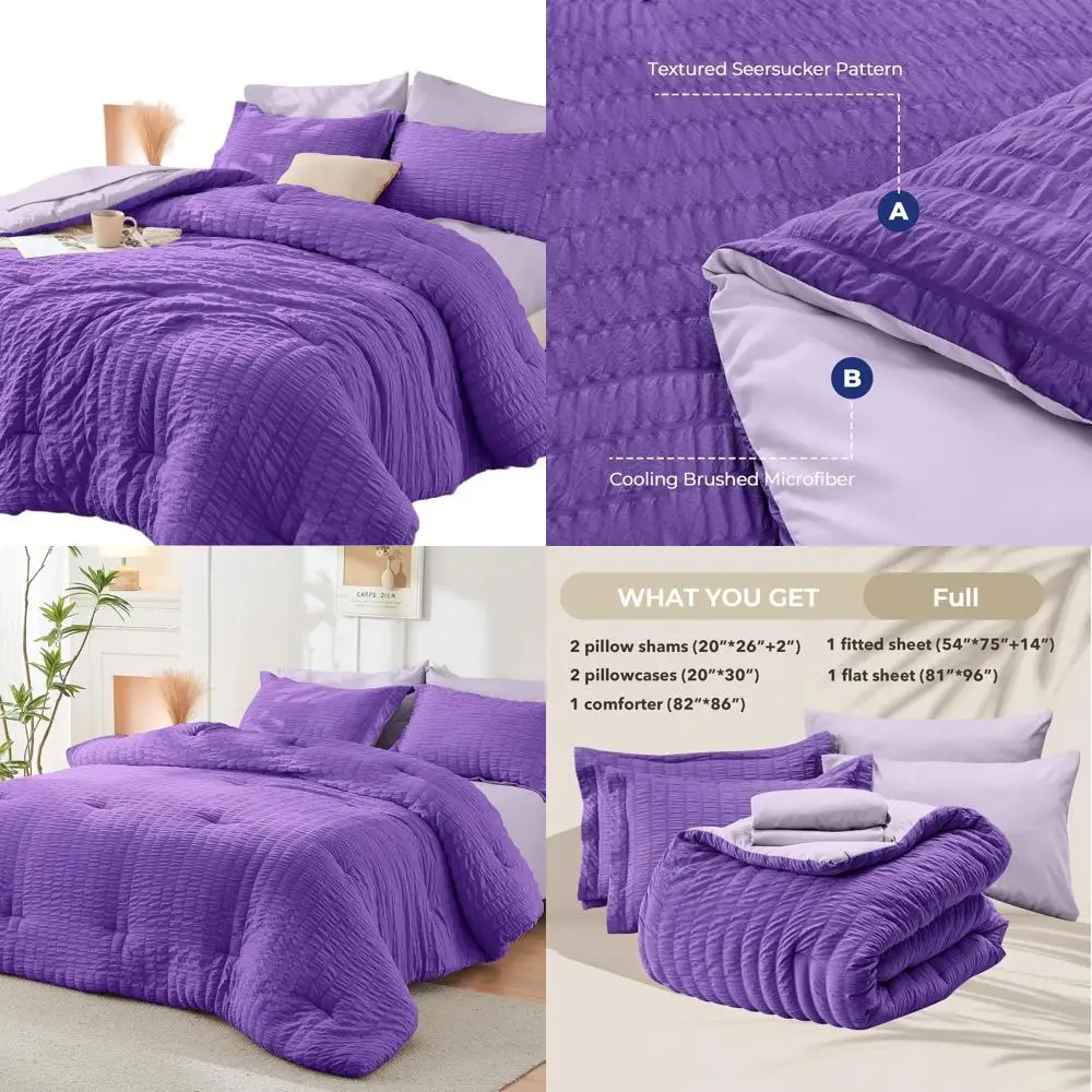 

7-предметный комплект постельного белья из лавандового сирсакера: роскошное всесезонное постельное белье с простынями, наволочками и декоративными наволочками.