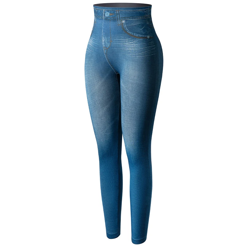 Damskie legginsy z nadrukiem dżinsowym moda wyszczuplające legginsy Push Up Faux dżinsy legginsy rozciągliwe drukowane krótkie legginsy spodnie lato — zdjęcie 2