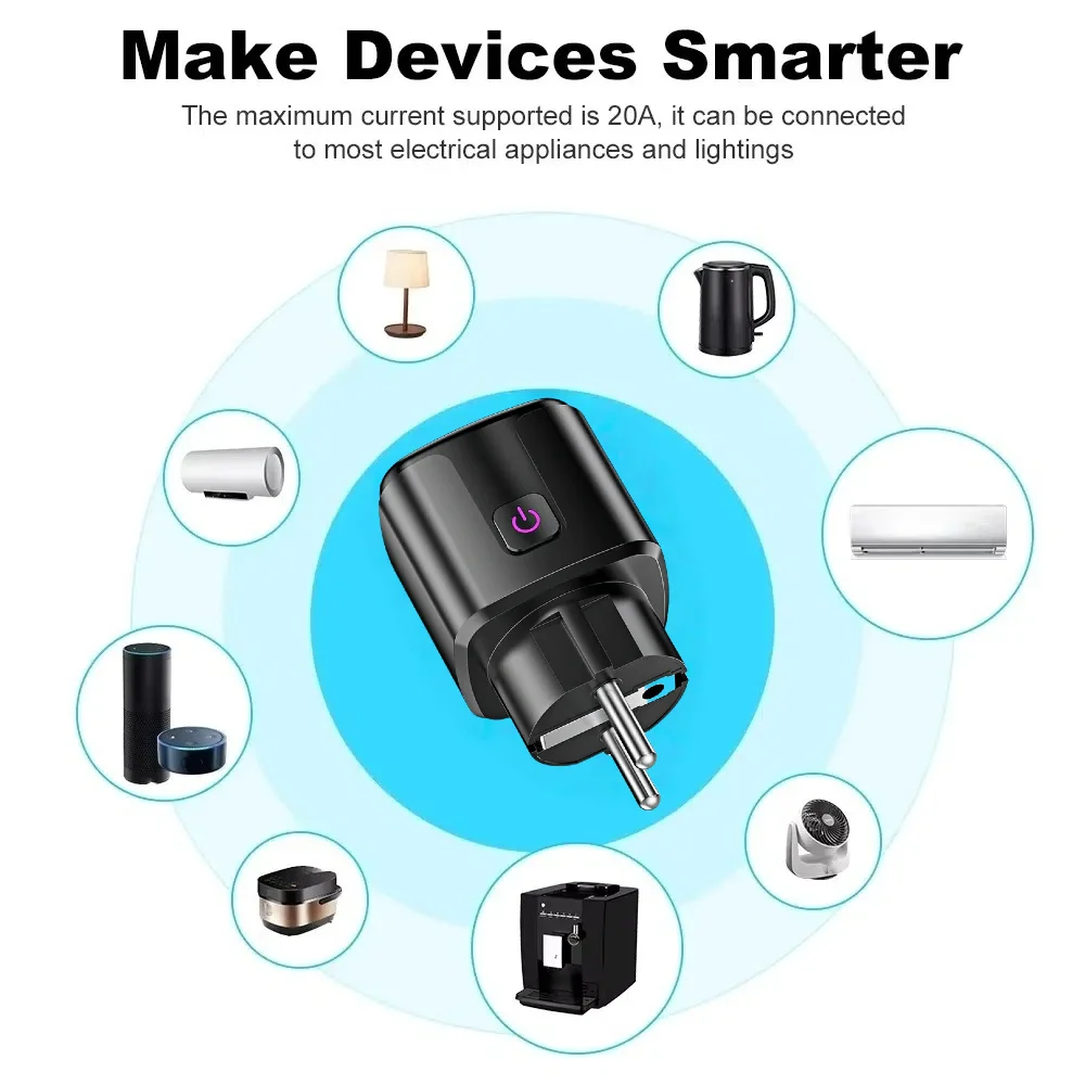Tuya Smart 20A enchufe UE WiFi Bluetooth enchufe con monitoreo de energía temporizador salida Control de voz trabajo para Google Home Alice Alexa